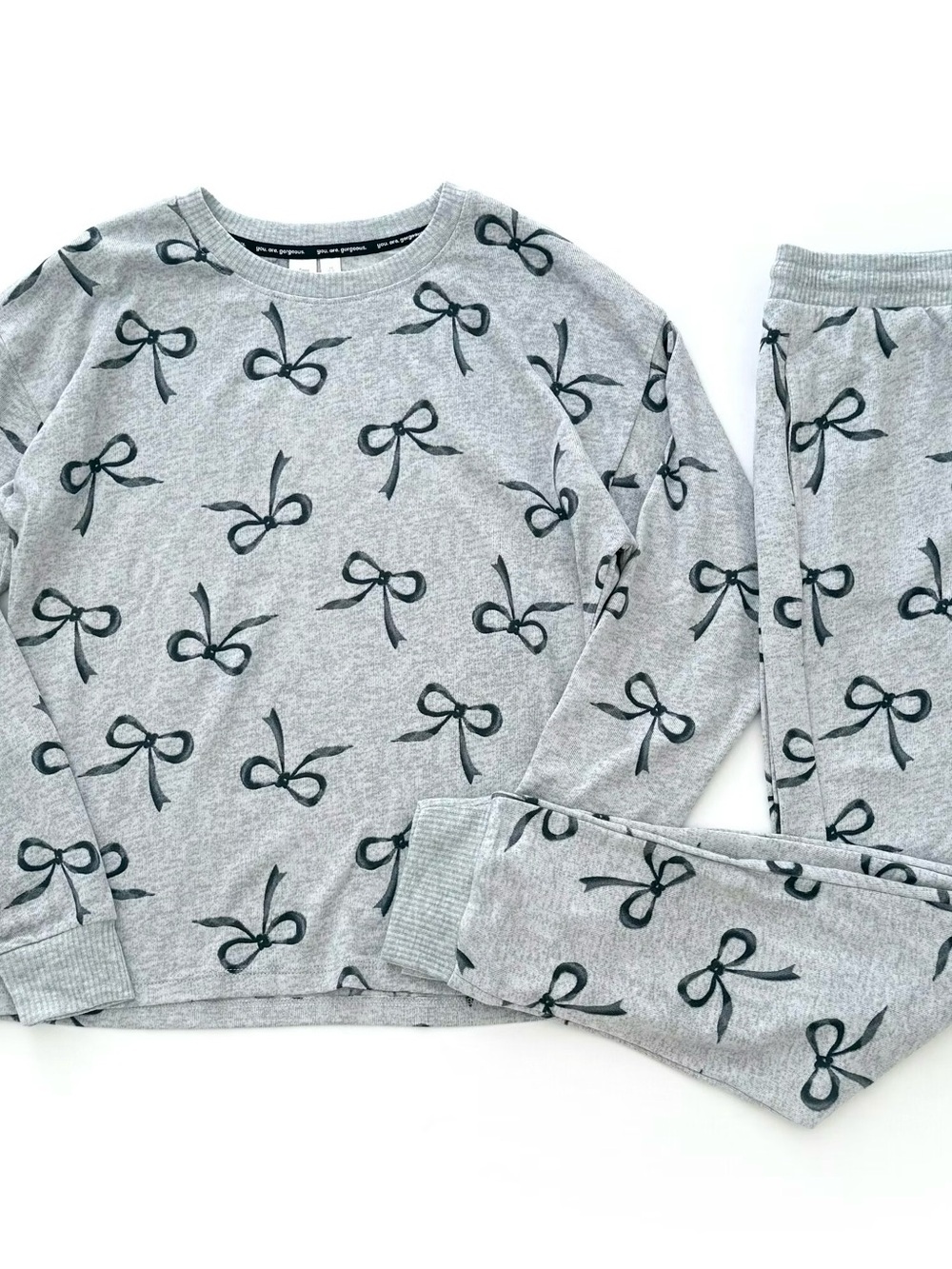 Cozy Bow-Print Long Sleeve Pajama Set - Grey - Picture 3 of 6